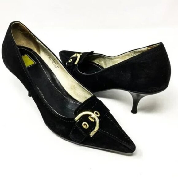 Coach Black Italian Suede Gold Buckle Pointed Toe Pumps - Size 8.5 - Picture 1 of 6